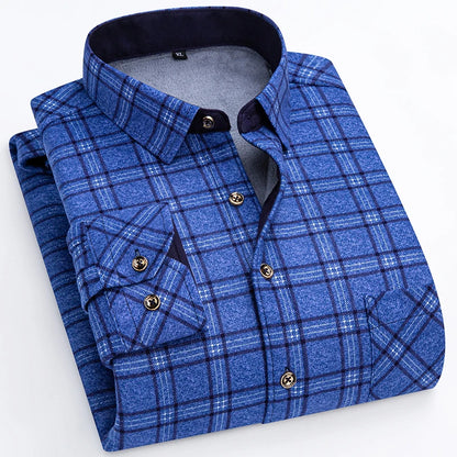 Winter Warm Shirt For Man Thickened Flannel Plaid Casual Menswear Long Sleeve Plus Fleece Big Size Regular Fit Smart Dress Shirt