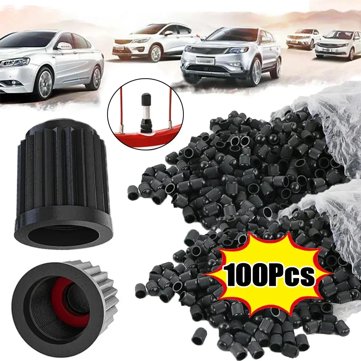 4-1000Pcs Car Tire Valve Plastic Black Bike Tyre Valve Caps with O Rubber Ring Covers Dome Shape Dust for Car Motorcycles