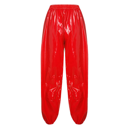 Mens Shiny Waterproof Jogging Pants Y2K Drawstring Elastic Waistband Side Pockets Track Baggy Glossy Pants Hip Hop Trousers