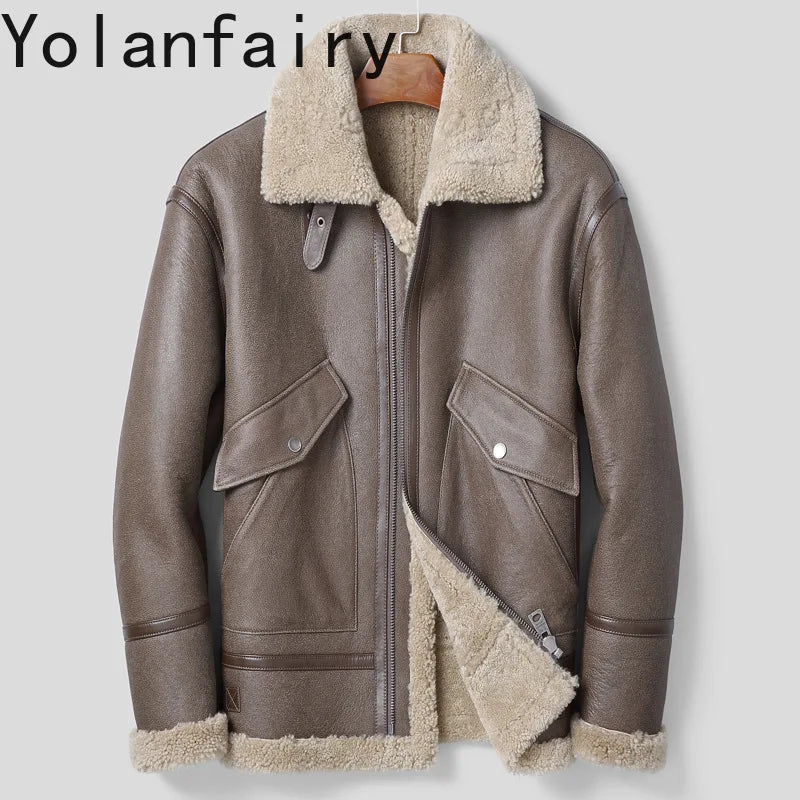 YOLANFAIRY Natural Sheepskin Shearling Coat Men Genuine Leather Jacket Warm Winter Real Lamb Fur Coats and Jackets Outerwear