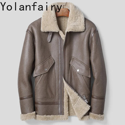 YOLANFAIRY Natural Sheepskin Shearling Coat Men Genuine Leather Jacket Warm Winter Real Lamb Fur Coats and Jackets Outerwear