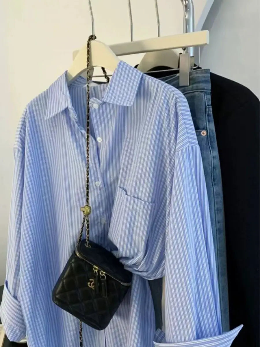 Retro Lazy Sle Blue Striped Women's Long Sve irt Spring Autumn Design Sense Small ence Outerwear Blouse