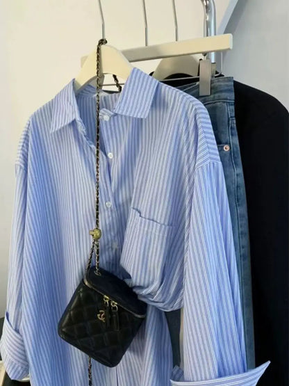 Retro Lazy Sle Blue Striped Women's Long Sve irt Spring Autumn Design Sense Small ence Outerwear Blouse