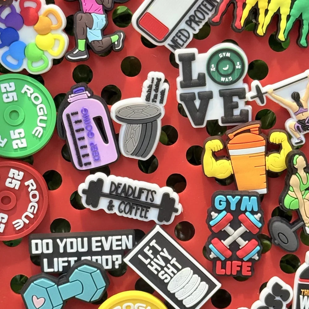 27Pcs Fitness Gym Life Dumbbell Kettlebell Protein Lifts Coffee PVC Shoes Charms Clogs Pins Decoration Kids Woman Party Gift