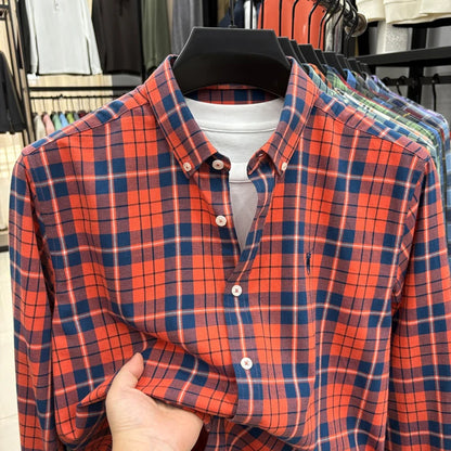 American-style Plaid Long-sleeve Shirt for Men, Pure Cotton Casual Trendy Brand Embroidered Red Shirt Top for Spring and Autumn