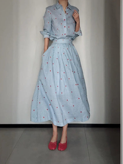 Blue Striped Linen Set Women's Long Sleeve Heart Print Blouse Half Skirt Two Piece Set Summer Fashion Ensemble for Young Women