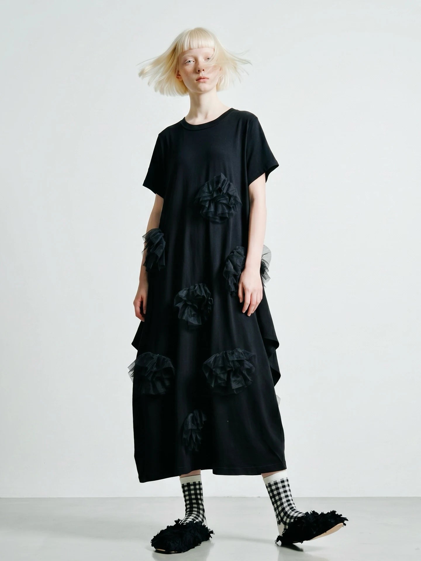 Black dress imakokoni spring loose irregular pure cotton flower design medium long short sleeved skirt for women 265432