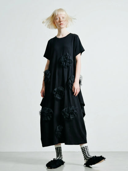 Black dress imakokoni spring loose irregular pure cotton flower design medium long short sleeved skirt for women 265432