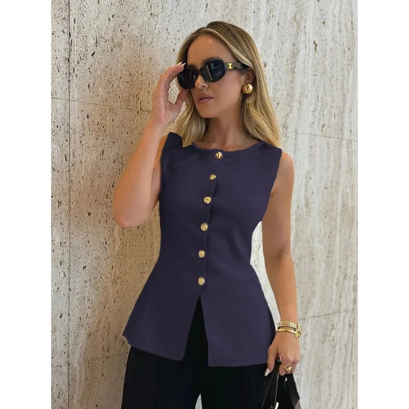 New Women's Tank Top Clothes Women's Fashion Gold Button Embellished Knit Undershirt