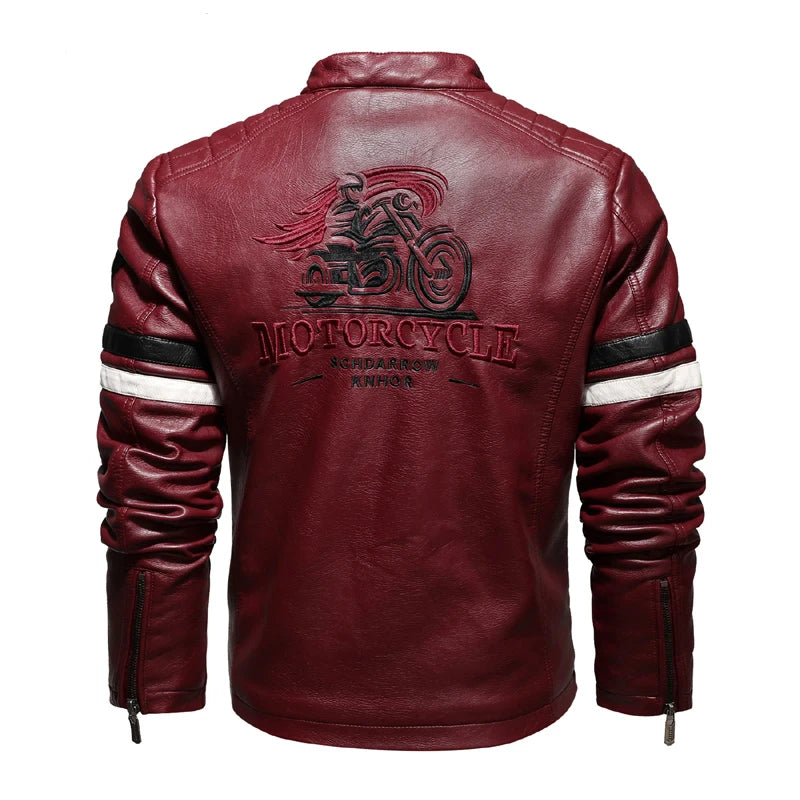 Men's PU Leather Motorcycle Racing Jacket Thin Embroidered Biker Color Zipper Closure Casual Outerwear