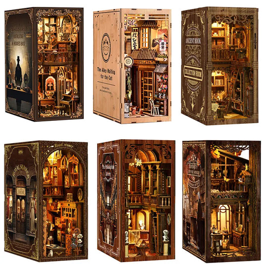 Vintage Alley Book Nook Kit Wooden Miniature Bookstore Dollhouse Furniture Handmade Craft Bookshelf Home Decor Gift for Adult