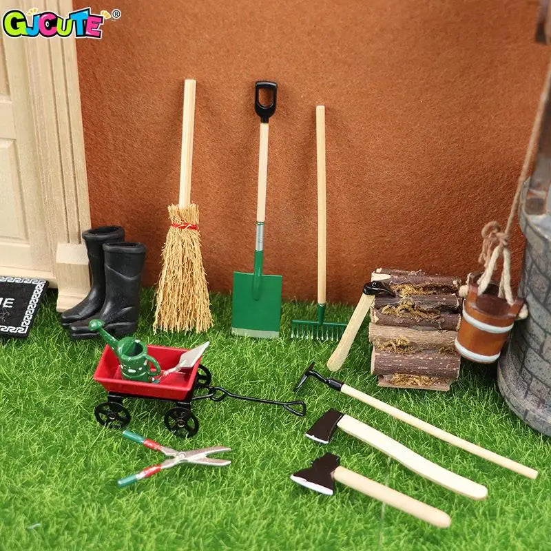 1Set 1:12 Dollhouse Miniature Farm Tool Ax Shovel Pull Cart Broom Boots Watering Can Garden Decor Toy Doll House Accessories