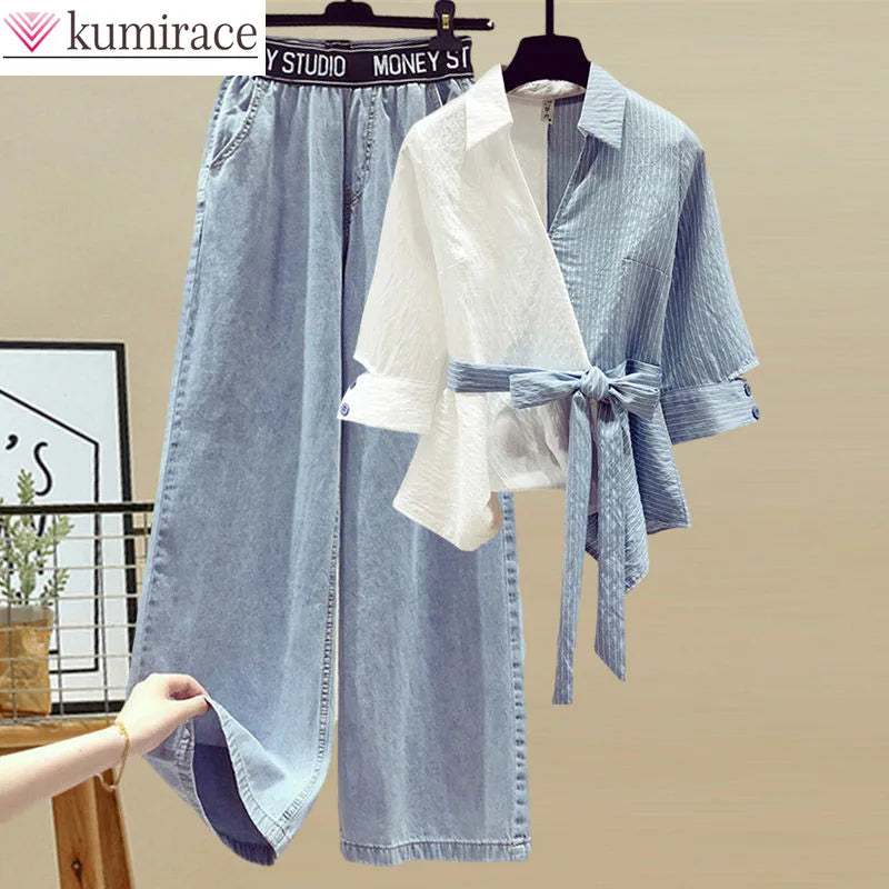 2025 Summer New Stitched Chiffon Shirt Female Set Elegant Women's Jeans Casual Blouse Two Piece Set Ladies Tracksuits