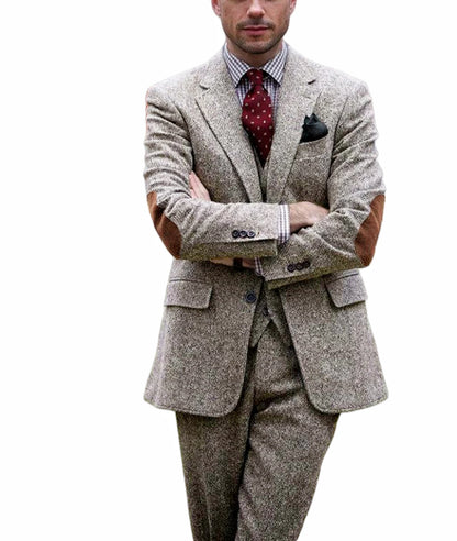 Vintage Winter Tweed Suits Brown Tweed Men Suits With Patch Design Costume Homme Smart Business Formal Wedding Suits 1 Pieces