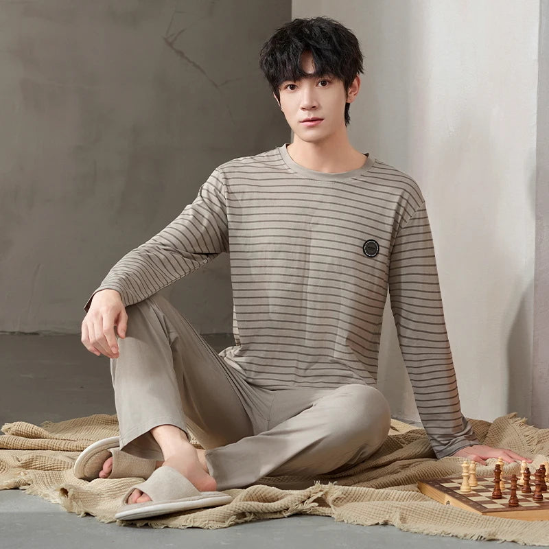 Newest Men Pajamas Set 100% Cotton Sleepwear Male Autumn Long Sleeve Pyjamas