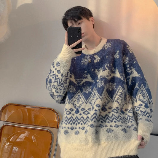 Winter Color blocked Jacquard Christmas Theme Sweater Men's Trendy Brand Loose Warm Hooded Knitted Sweater