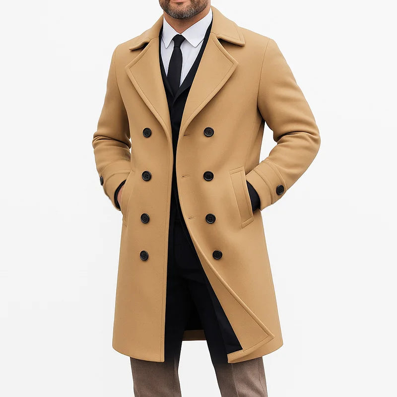 New Men's Double-breasted Woolen Coat Medium-length Windbreaker Suit Collar Regular Fit Sporty Style Chinese Manufacturer