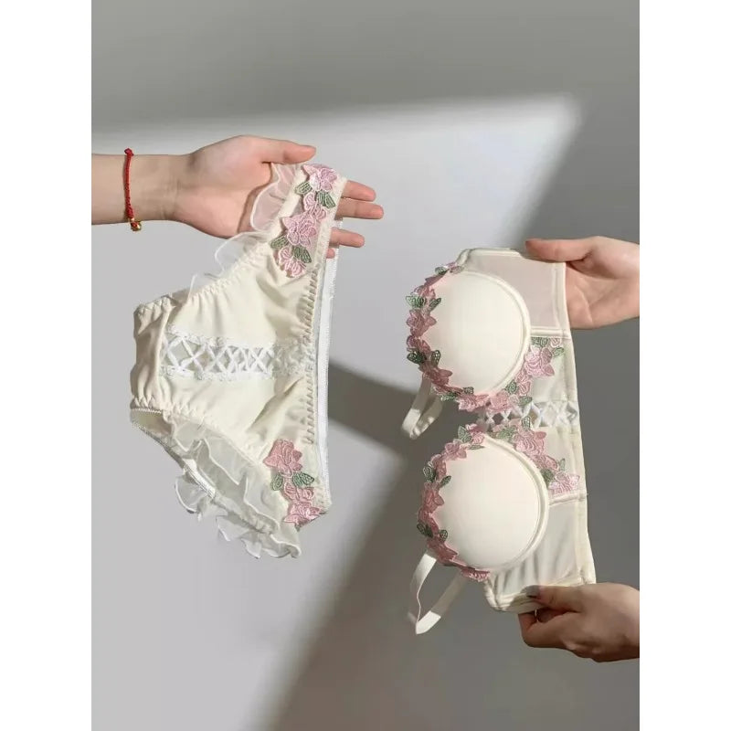 Sweet Innocent Japanese Style Lingerie Set Cute Soft Wireless Bra Gathered Push Up Thin Fabric Summer Lightweight Underwear S-XL