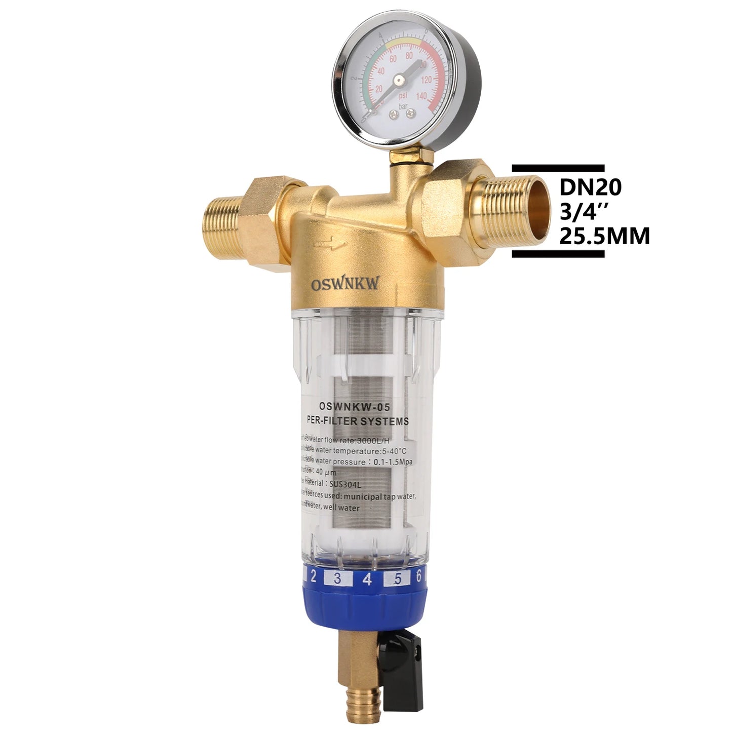 OSWNKW-05 Pre Filter Purifier Whole House Spin Down Sediment Water Filter Central Prefilter System Backwash Stainless Steel Mesh