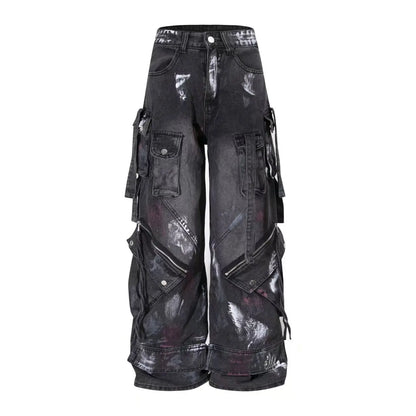 American 2000s Heavy Industry Y2K Harajuku Gothic Multi-Pocket Washed Black Jeans Men And Women Oversize Hip Hop Wide Leg Pants