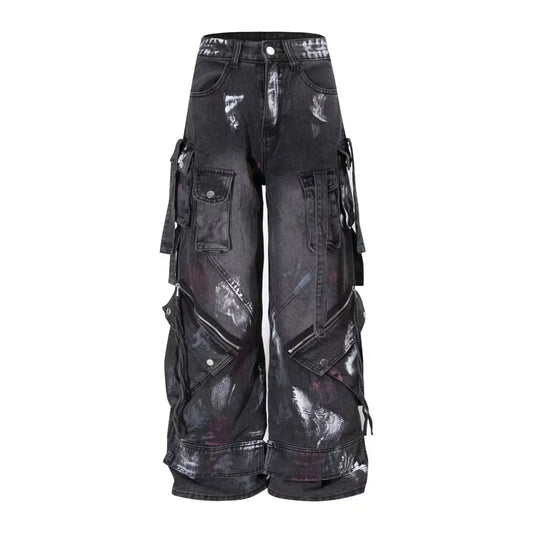 American 2000s Heavy Industry Y2K Harajuku Gothic Multi-Pocket Washed Black Jeans Men And Women Oversize Hip Hop Wide Leg Pants