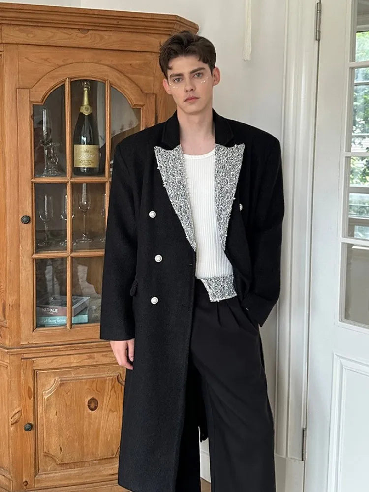 New Mens Designer Autumn Winter Woolen Coat Double Breasted Loose Fit Elegant Party Overcoat Casual Office Men Fashion Trench