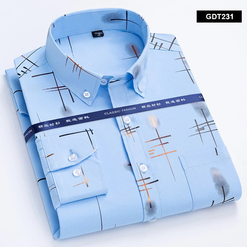 Men's Non-iron Shirts Business Casual Bronzing Long Sleeved Regular Fit Shirts Spring and Autumn New Fashion Print Top Clothing