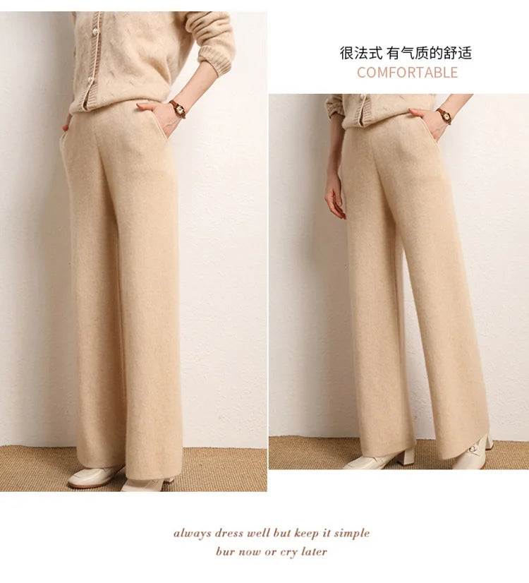 Women's 100% Cashmere Wide Leg Pants Knitted Thick Autumn/Winter Casual Solid Color Elastic Waistband Pockets