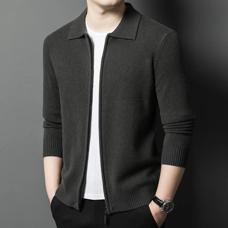 Spring and Autumn Pure Cashmere Cardigan Men's New Casual Lapel Solid Color Zipper Men's Thickened Sweater Jacket