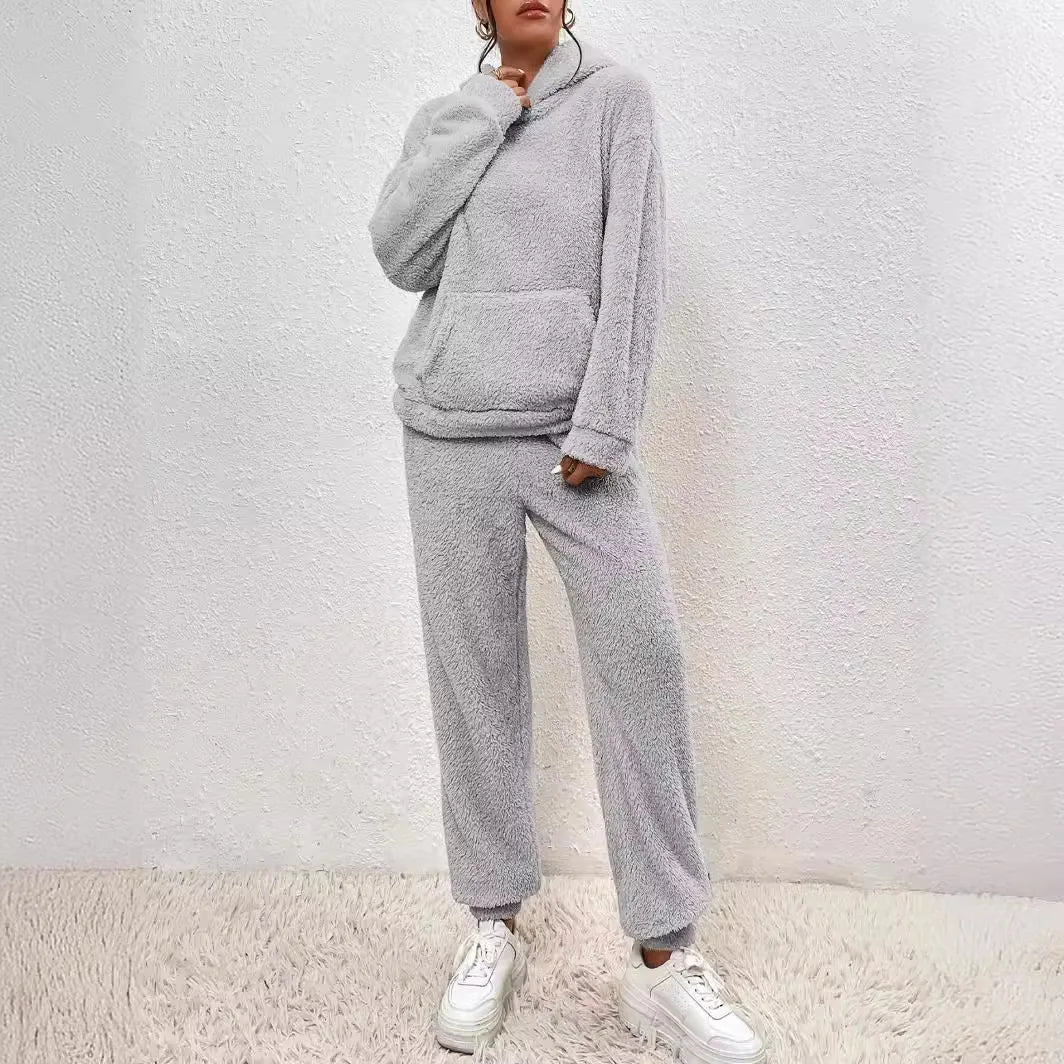 Autumn Winter Fashion Women Casual Hooded Sweatshirt Leg Pants 2 Piece Set Warm Furry Plush Trousers Suit Female Outfit