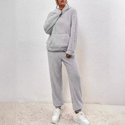 Autumn Winter Fashion Women Casual Hooded Sweatshirt Leg Pants 2 Piece Set Warm Furry Plush Trousers Suit Female Outfit