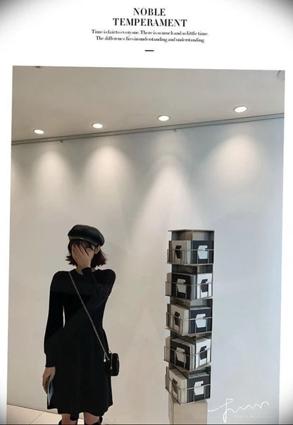 High Waist A-Line Knitted Dress Long Sleeve Base Layer Shirt Waist Cinched Black Dress Autumn Wear Korean Style Commute Dress