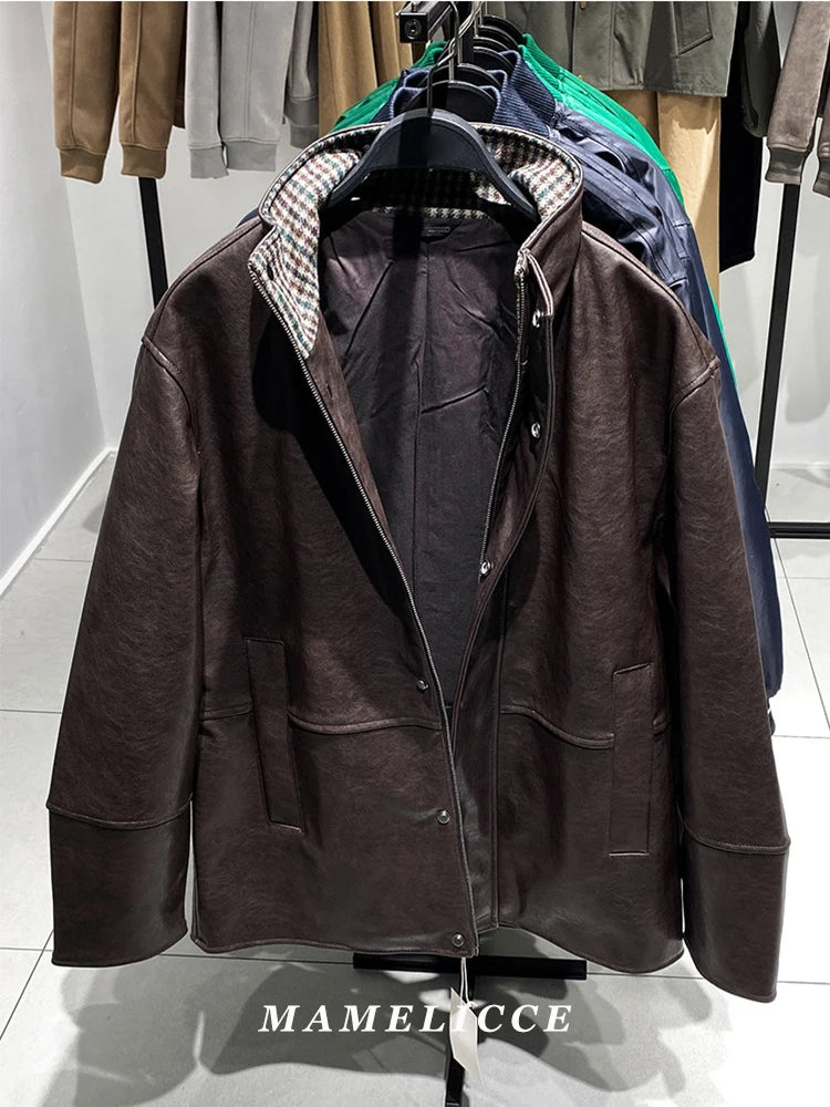 MAMELICCE Original design wool stand collar jacket Contrasting PU faux leather Casual coat Men's clothing Vintage jackets