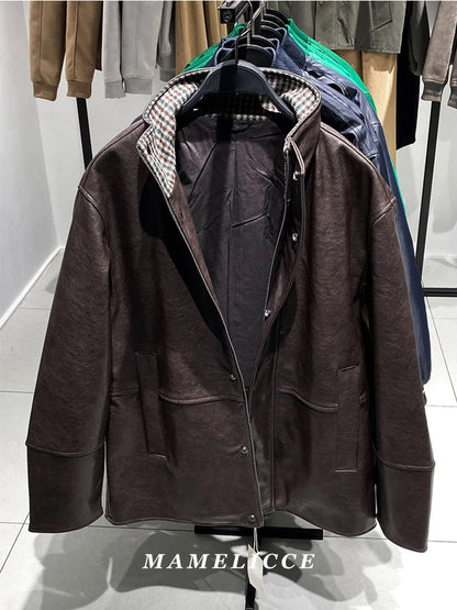 MAMELICCE Original design wool stand collar jacket Contrasting PU faux leather Casual coat Men's clothing Vintage jackets