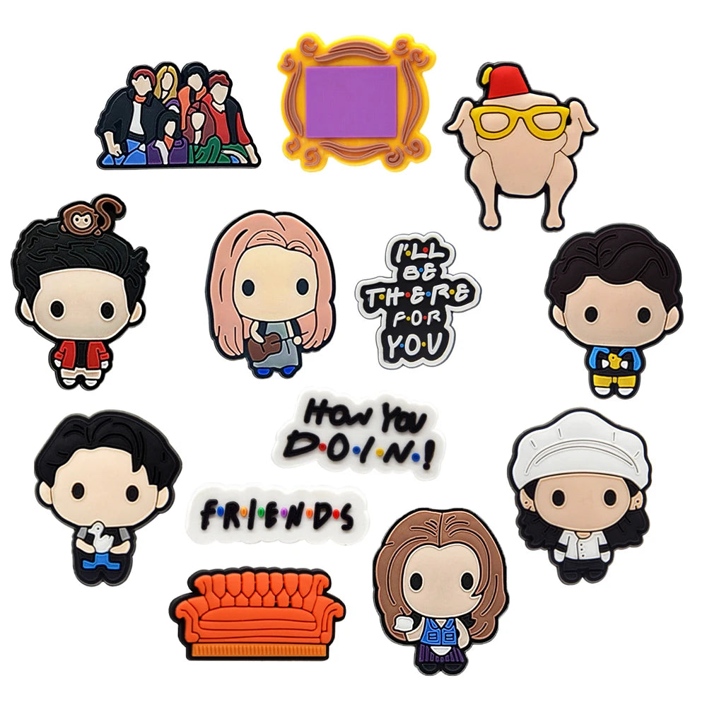 13/28/100pcs Cartoon Old Friends Shoe Charms Accessories Clog Sandal Shoe Decorations Buckle Children Kids Party Gifts