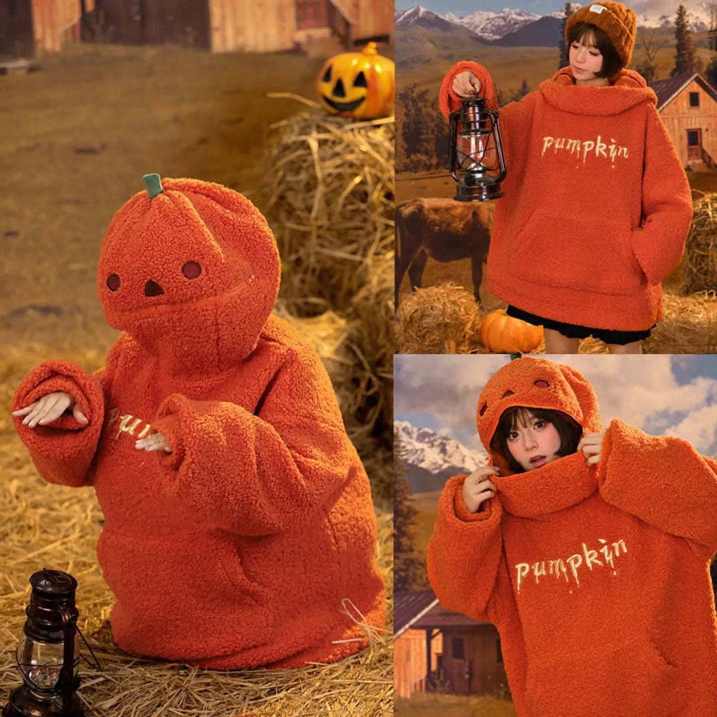 2025 Autumn Pumpkin Hoodies Halloween Party Pumpkin Head Lamb Fleece Women Hooded Sweatshirt Embroidery Thicken Streetwear