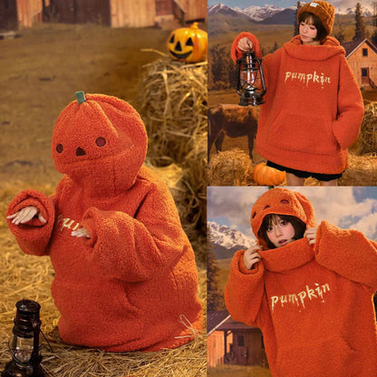 2025 Autumn Pumpkin Hoodies Halloween Party Pumpkin Head Lamb Fleece Women Hooded Sweatshirt Embroidery Thicken Streetwear