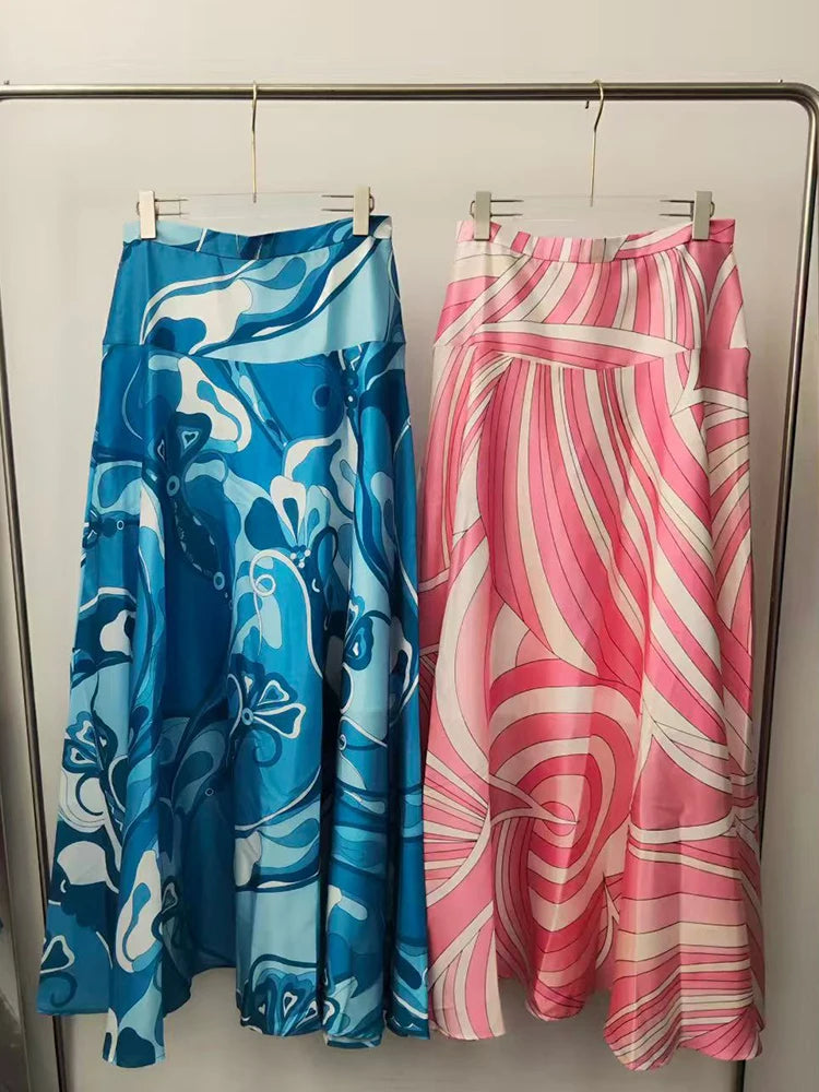2026 Summer Women's Clothing Retro Geometric Print Lapel Long Sleeve Shirt Two-piece Set + Loose A-Line Skirt Fashion Suit