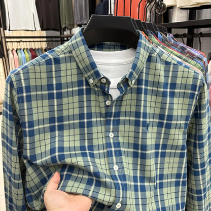 American-style Plaid Long-sleeve Shirt for Men, Pure Cotton Casual Trendy Brand Embroidered Red Shirt Top for Spring and Autumn