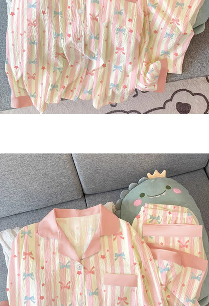 Girls Stripe Sleepwear Women's  Knot Star Long Sleeve Long Pants Korean Style Sweet Crepe Home Clothes Set