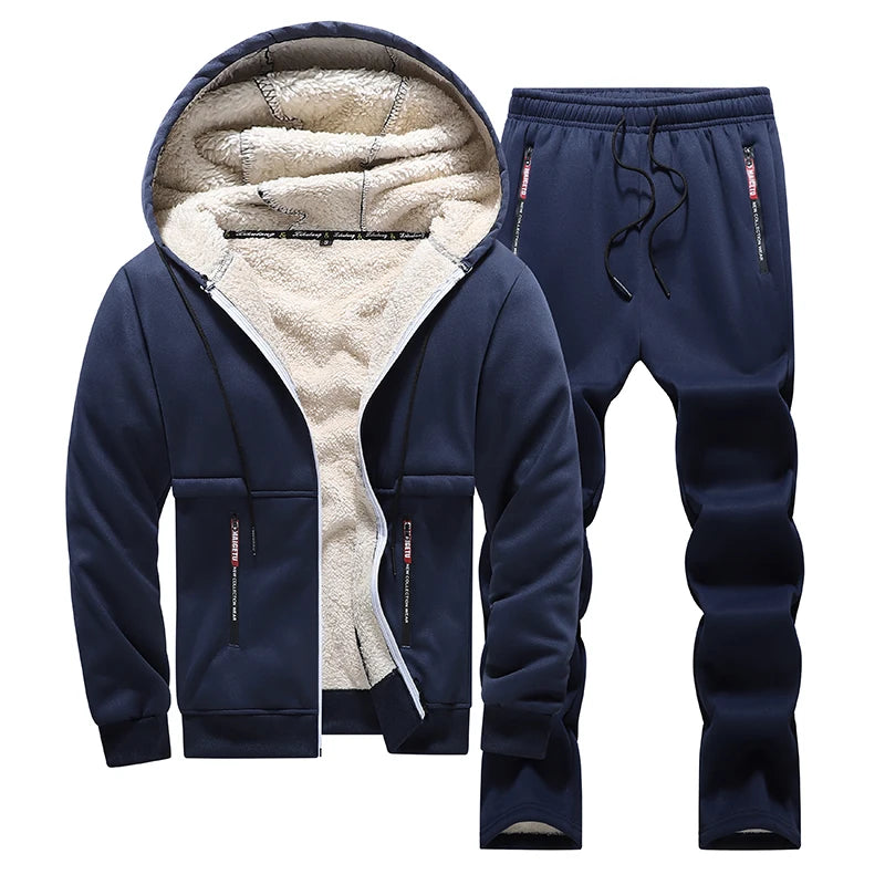 Lamb fleece suit men's hooded jacket men's thick winter sports suit men's cardigan two-piece set men's hoodie men's sweatpants m