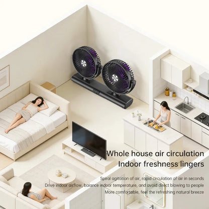 Rechargeable 3 Speed Desk Fan with Light, Dual Head Air Circulation Fan, Type-C Charging, Multi-Mount Portable Air Circulator