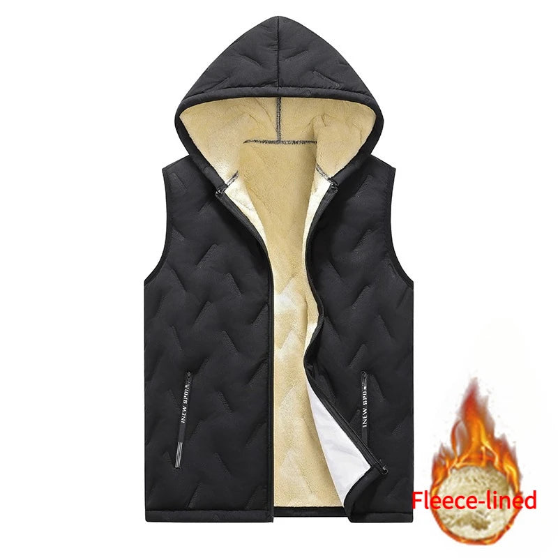 European size Men's Hooded Vest Thermal Padded Winter Jacket Fleece Lined Waistcoat Autumn Warm Quilted Jacket Puffer Vest