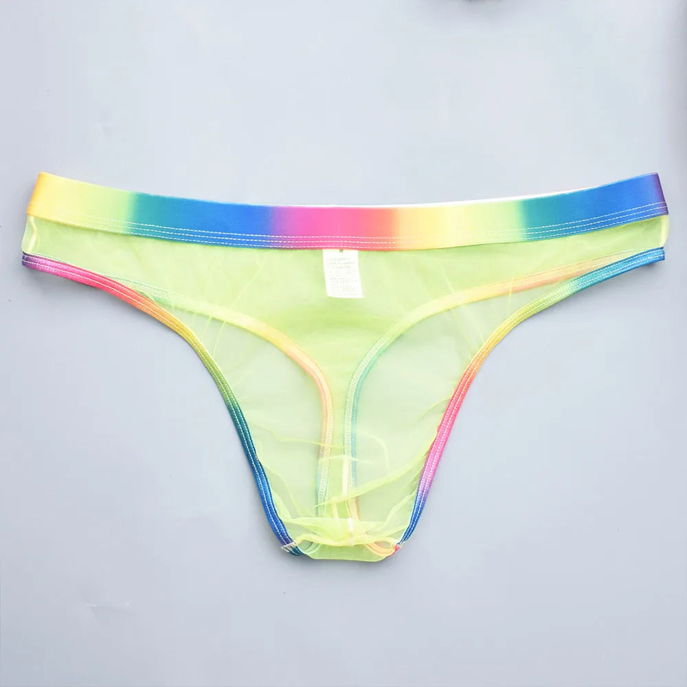 Transparent Mesh Men's Thongs with Rainbow Waistband - Sexy Breathable Underwear Perfect for Special Nights & Casual Use