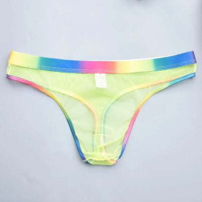 Transparent Mesh Men's Thongs with Rainbow Waistband - Sexy Breathable Underwear Perfect for Special Nights & Casual Use