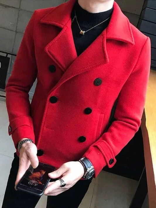 Men's Woolen Coat Short Thickened Winter Fashionable Slim Fit Double Breasted Nylon Jacket Korean Style Windbreaker Outerwear
