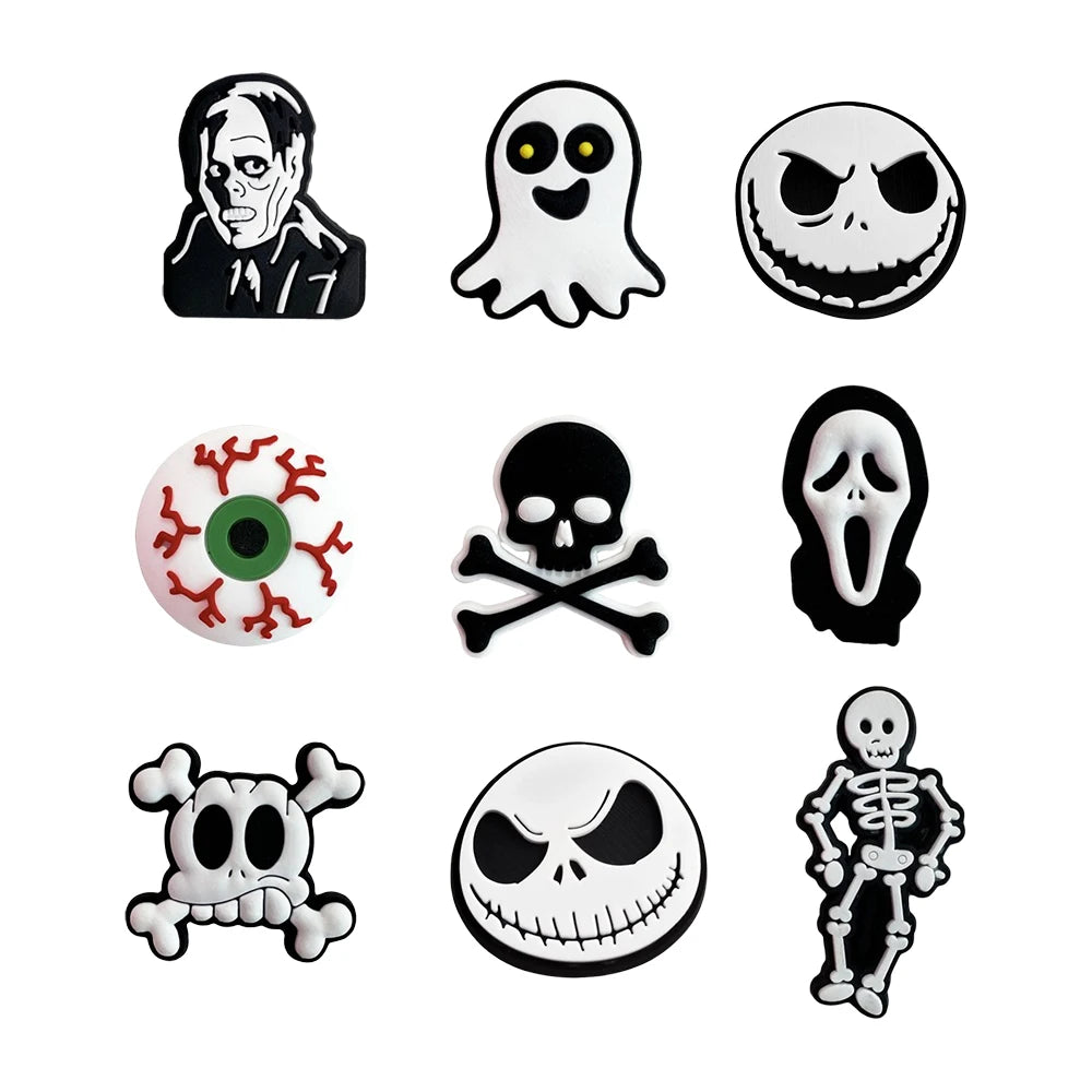 6-100pcs Halloween Black and White Classic PVC Shoes Charm Alligator Charm Accessories Fit Bracelet Boys Girl Xmas party gifts