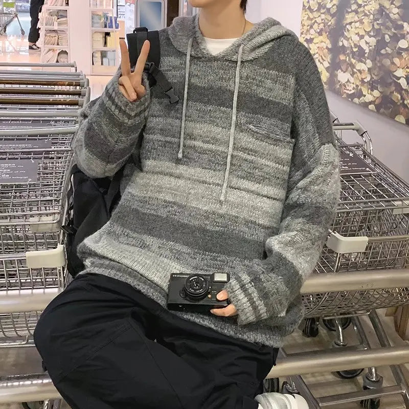 Color matching sweater in autumn and winter Men's China-Chic lazy retro loose striped hooded knitting INS casual versatile coat