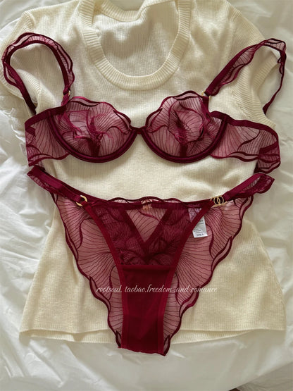 Sexy French Flower Embroidery Lace Bra Set Pure Desire Ultra Thin Push Up Wirefree Comfort Romantic Niche Bralette S-XL MOYISU