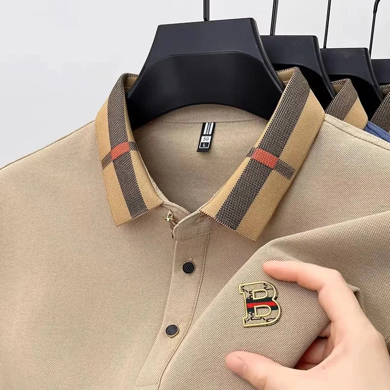 Luxury brand logo short sleeved polo shirt for men's summer new high-end silk cotton breathable casual fashion T-shirt clothing